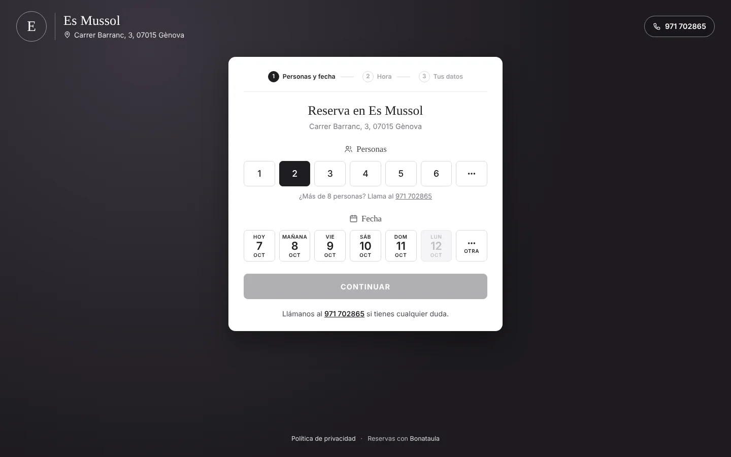 Página de reservas online de un restaurante con Bonataula