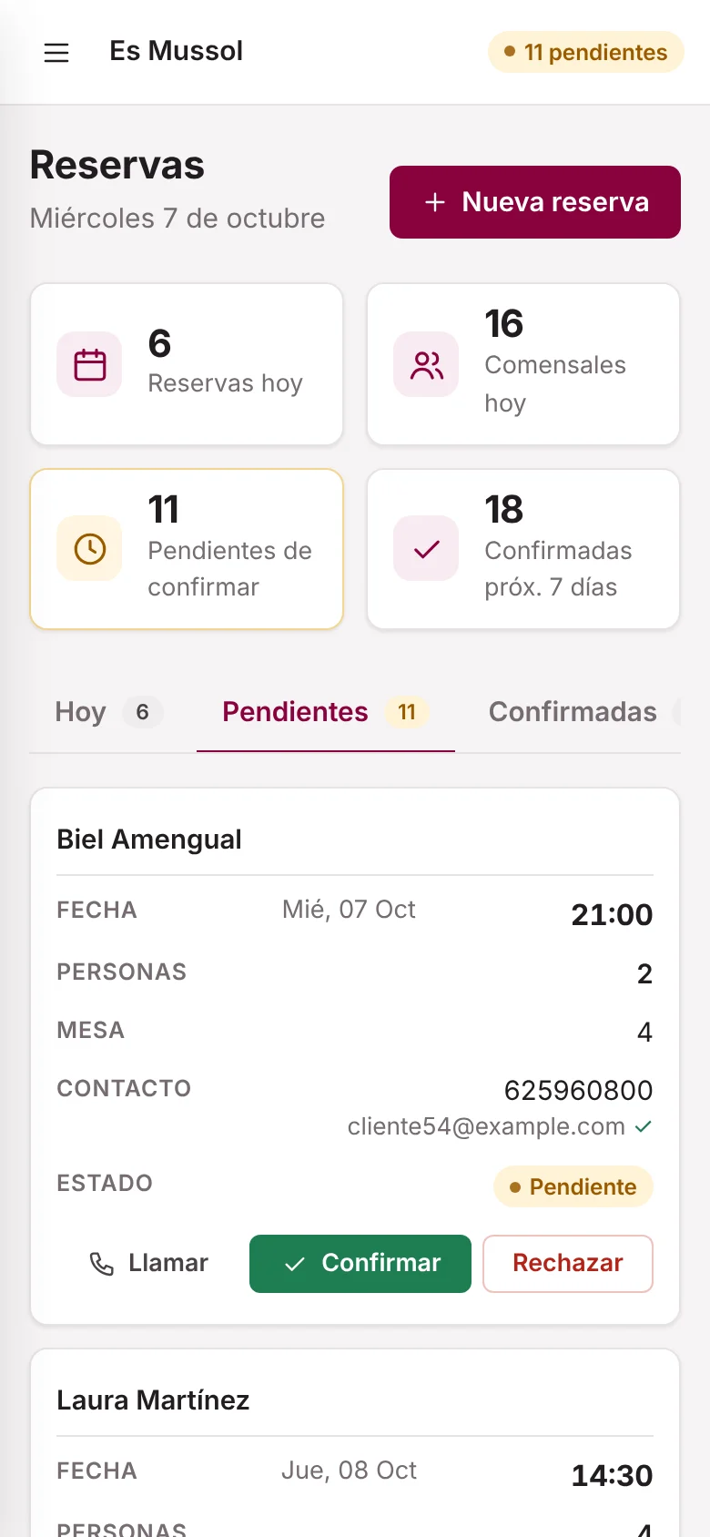 Panel de reservas de Bonataula en el móvil