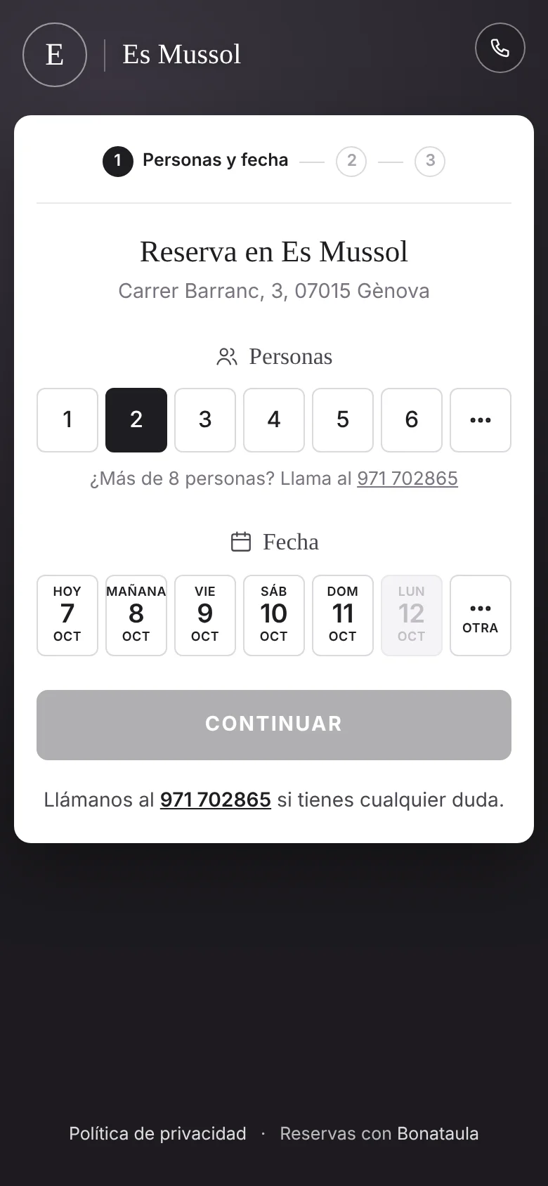 Reserva desde el móvil: elegir personas y fecha