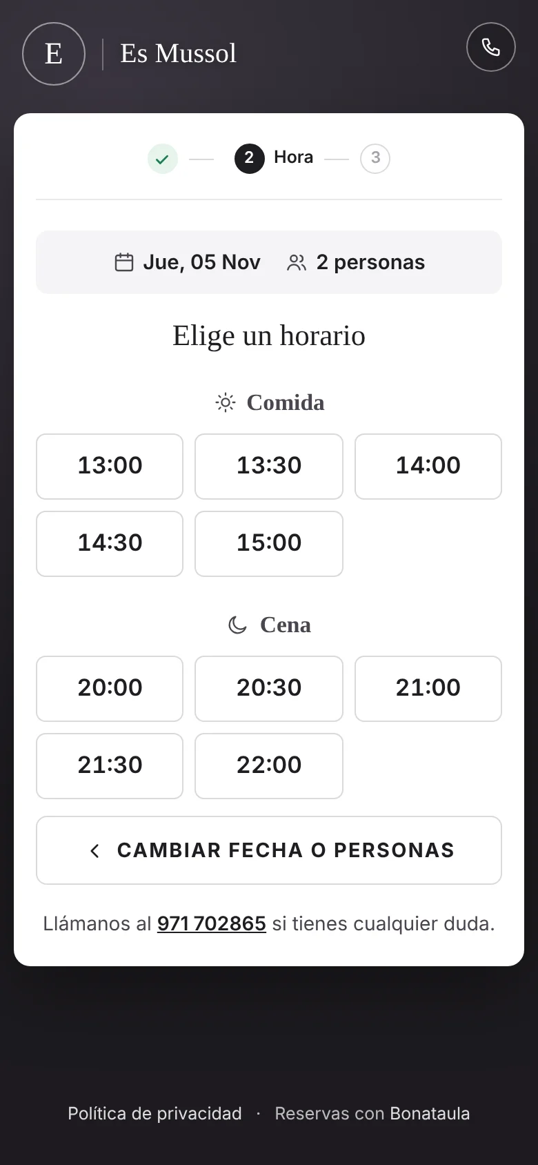 Reserva desde el móvil: elegir la hora